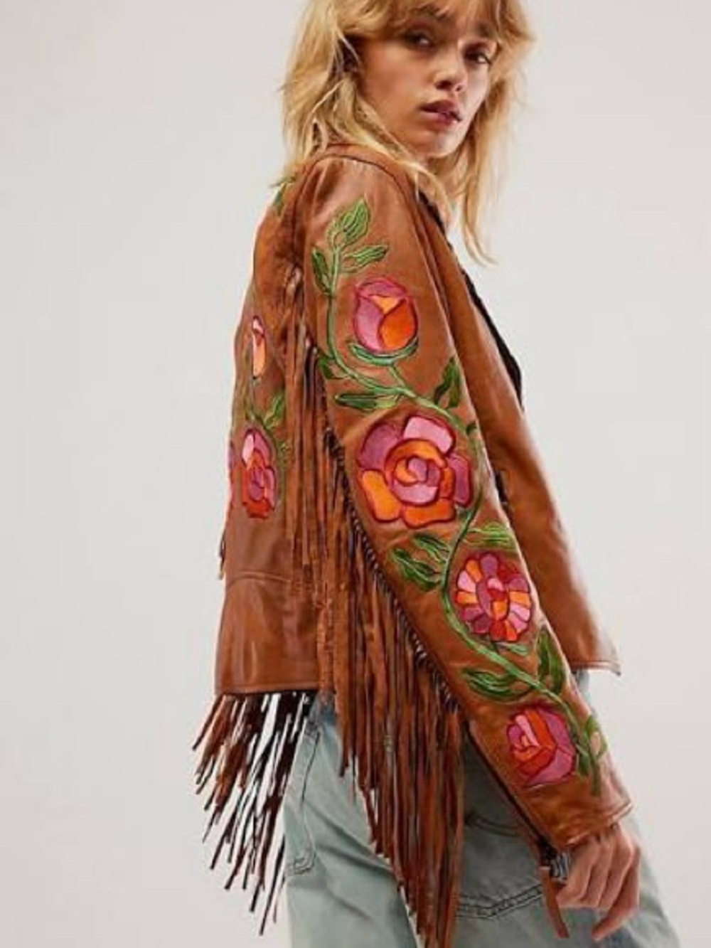 Free people x MAURITUS Crissy brown leather fringe jacket floral Size L - Picture 3 of 11